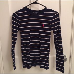 Navy and whited striped long sleeve tee shirt